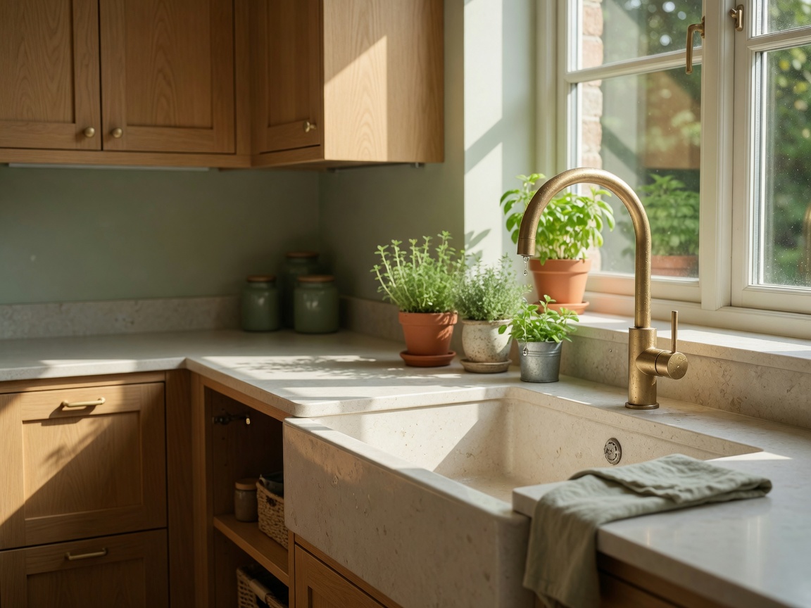 Eco-conscious kitchen with a brass faucet, stone farmhouse sink, and potted herbs